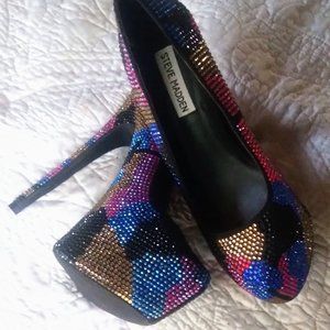 STEVE MADDEN DYVINAL MULTI COLORED RHINESTONE PLATFORM  HEELS